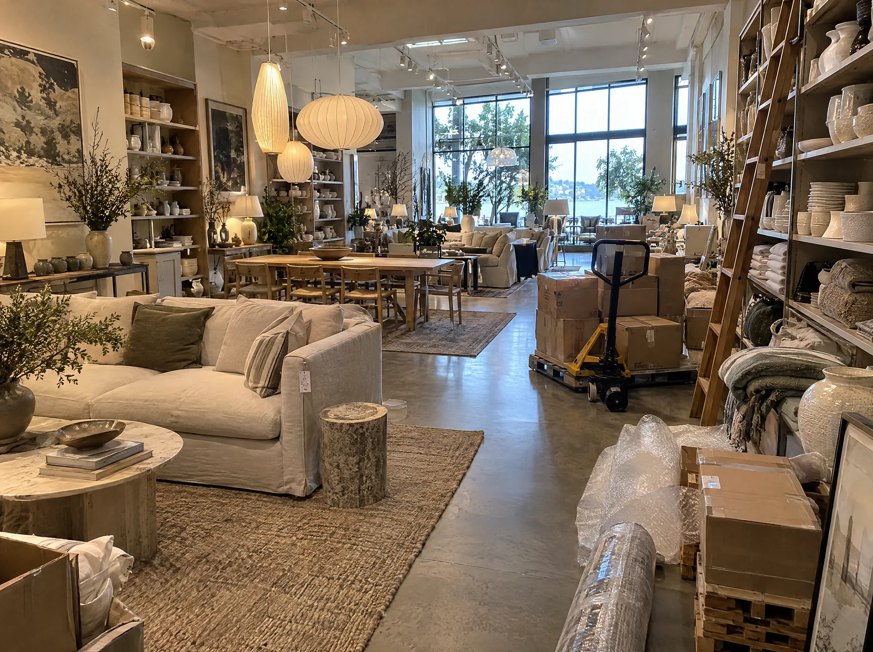 Before: a homewares store floor with delivery boxes, bubble wrap and a pallet trolley in the aisle