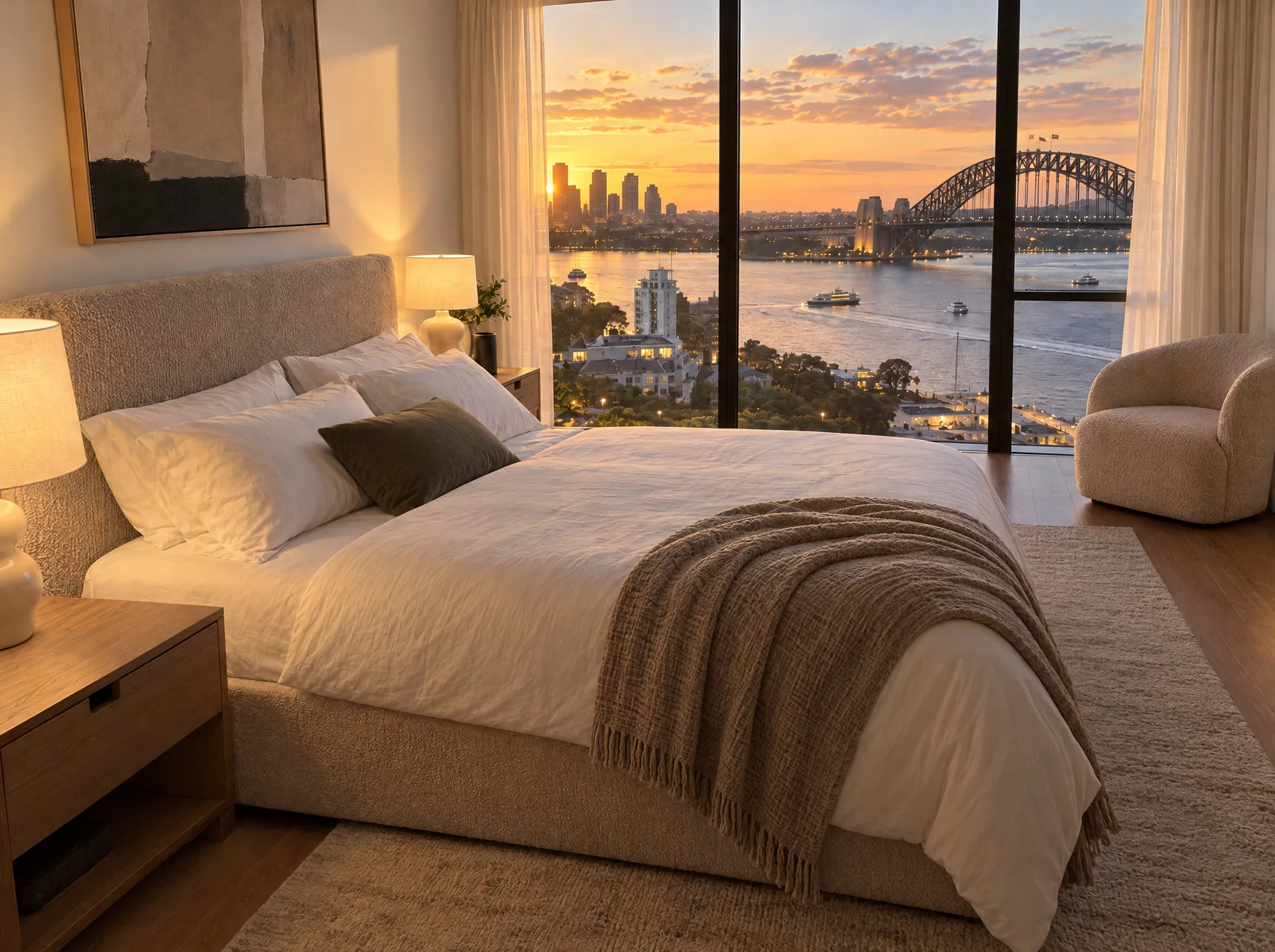 After: the same bedroom at golden hour with the bed made and the Harbour Bridge view