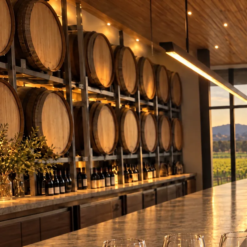 Barrels and lights above the tasting bench.