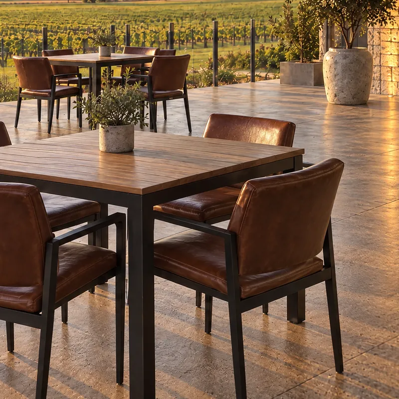 A terrace table and leather chairs overlooking the vines.