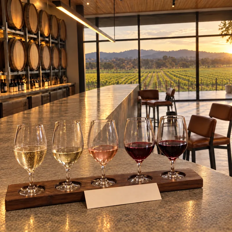 Five tasting glasses on a wooden paddle at the cellar door bench.