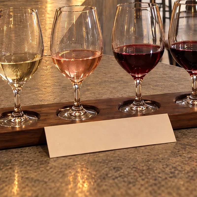 A wooden tasting paddle with a card, glasses either side.