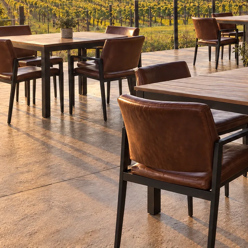 Terrace tables set for two beside the vines.