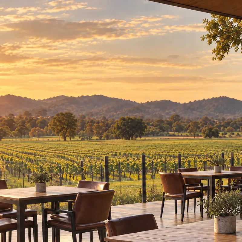 Rows of vines and distant hills at sunset.