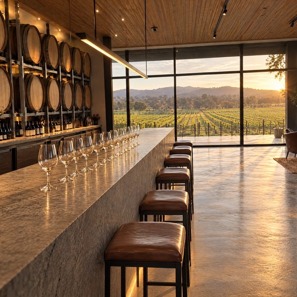 The cellar door tasting room: a long stone bench, glasses lined up, barrels along the wall and a sunset view over the vineyard.