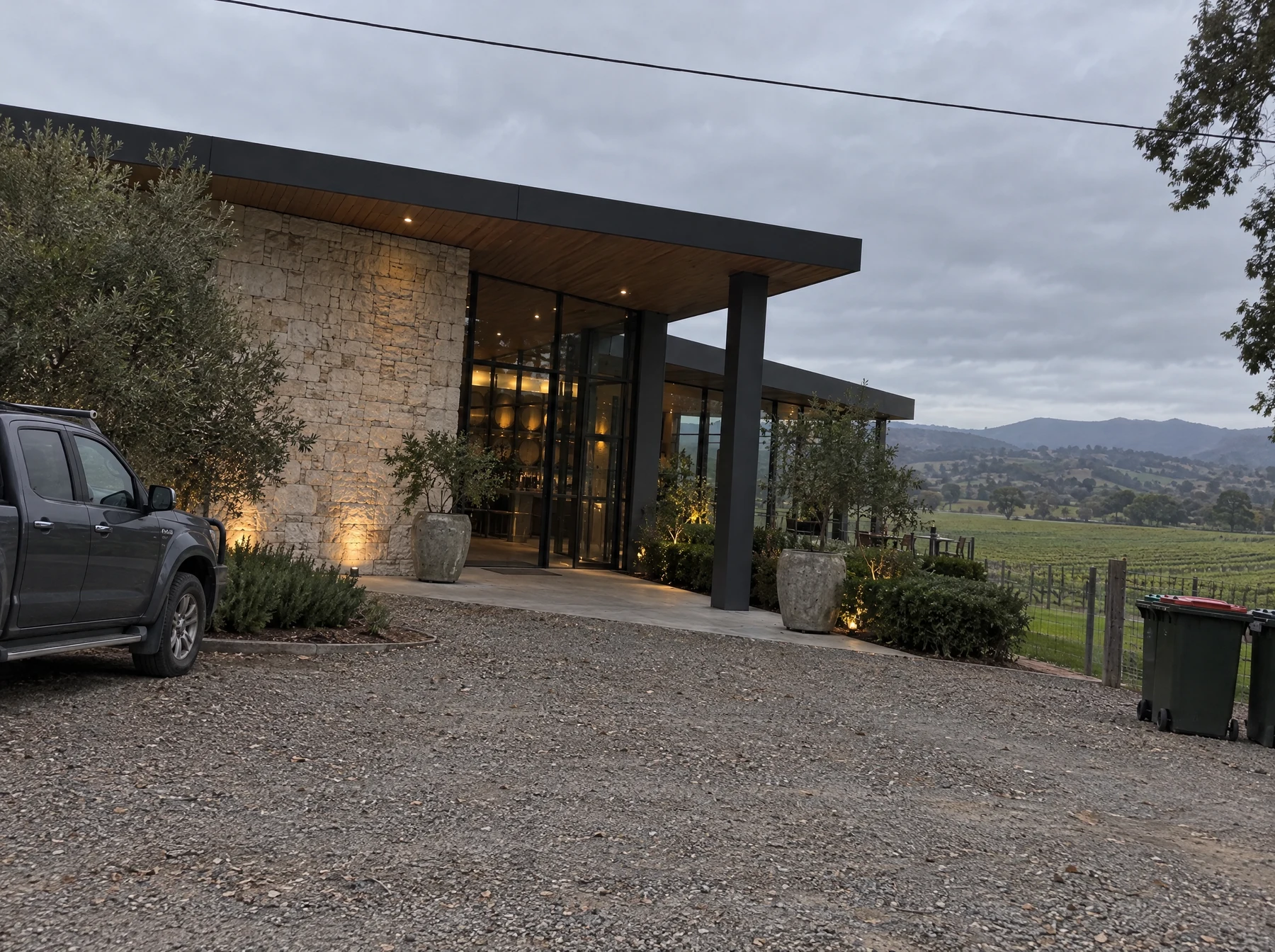 Original: The cellar door from the car park, under a grey sky