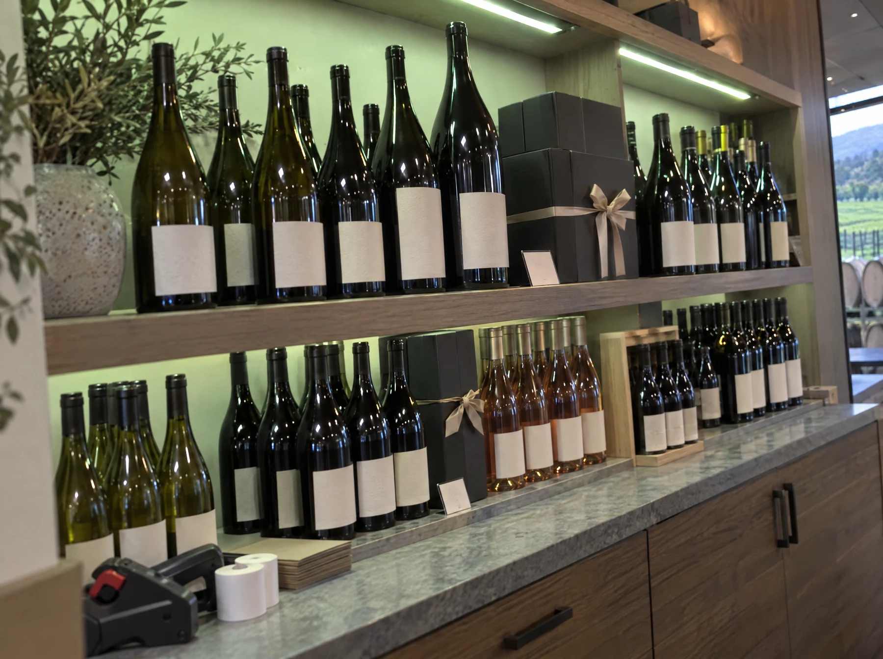 Original: Bottles on a retail shelf with the till beside them