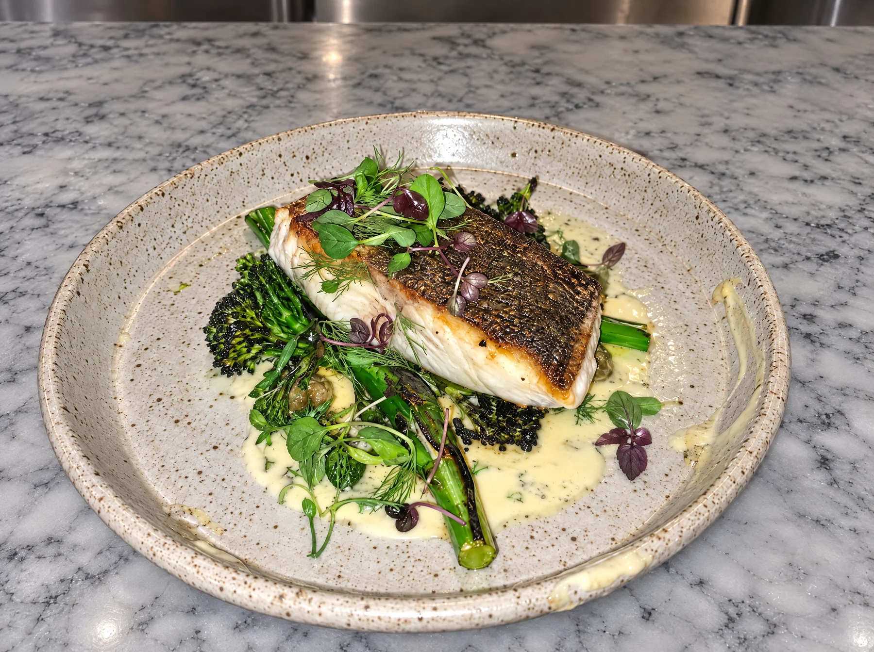 Pan-roasted fish fillet with crisp skin on charred broccolini and beurre blanc, in a speckled stoneware bowl on white marble