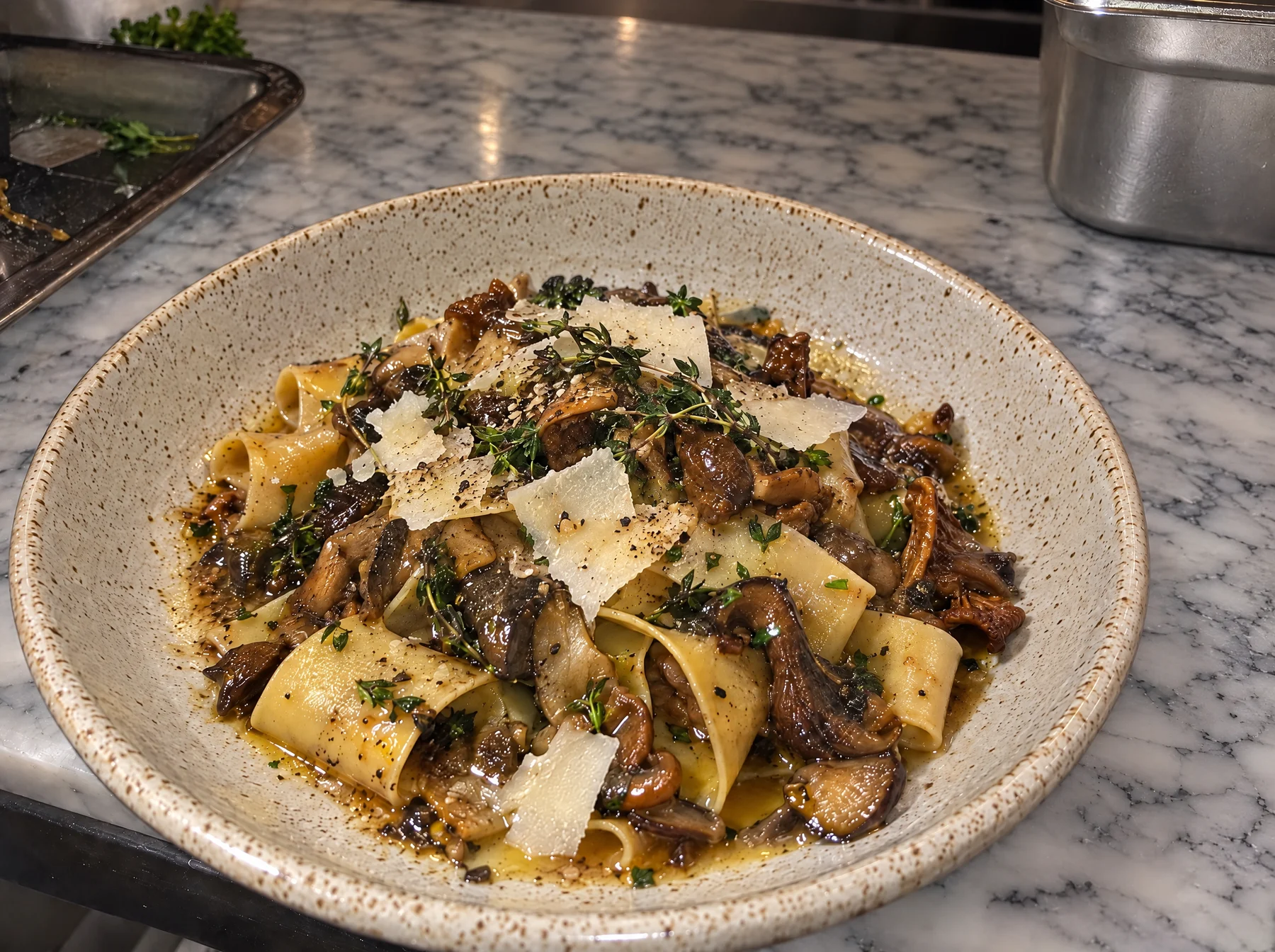 Hand-cut pappardelle with mixed mushrooms, shaved parmesan and thyme in a speckled stoneware bowl