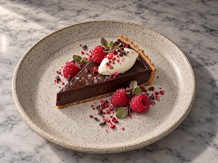 A slice of dark chocolate tart with raspberries and crème fraîche on a stoneware plate on marble