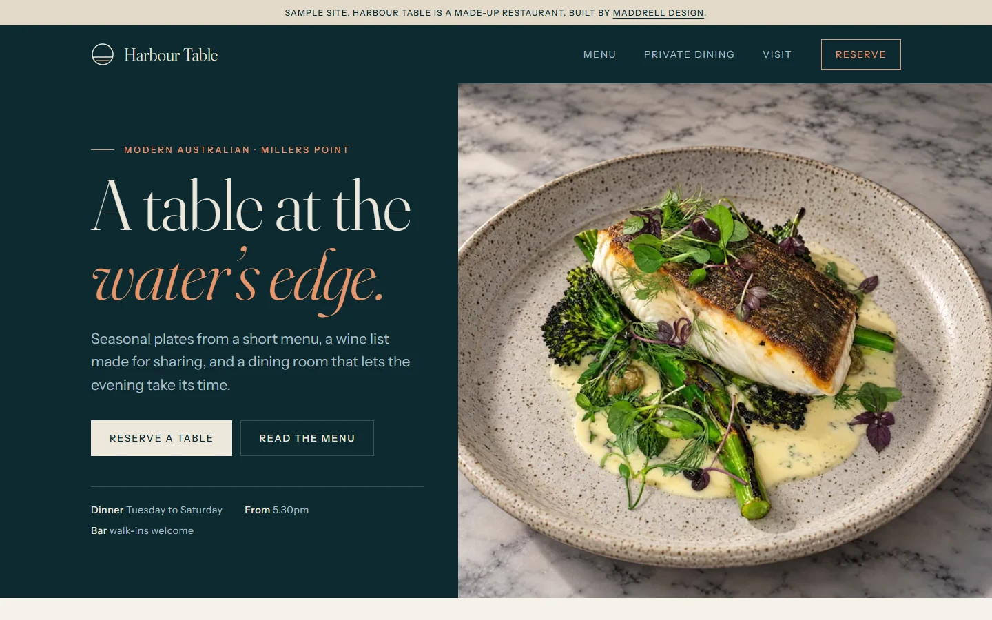 Harbour Table sample restaurant site: dark page, serif headline over a pan-seared fish dish