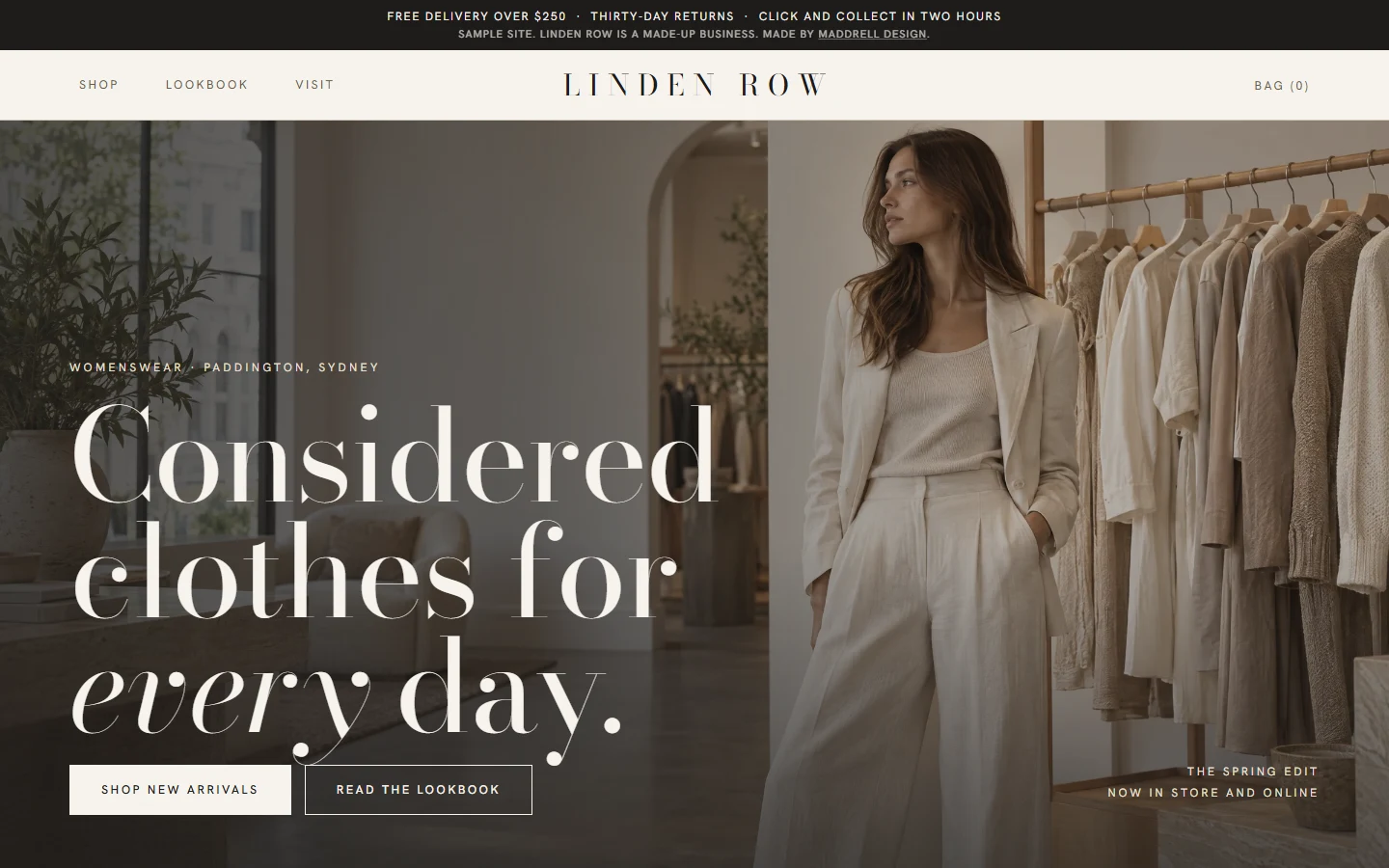 Linden Row sample boutique site: a centred wordmark above a light-filled shop with rails of neutral clothing