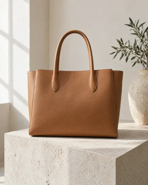 A tan leather tote on a limestone block beside an olive sprig