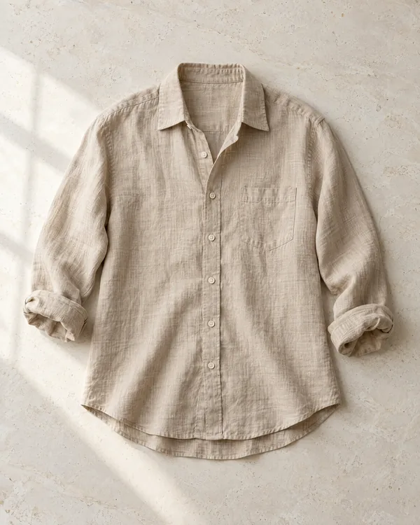 A sand linen shirt with rolled sleeves, flat lay on pale limestone