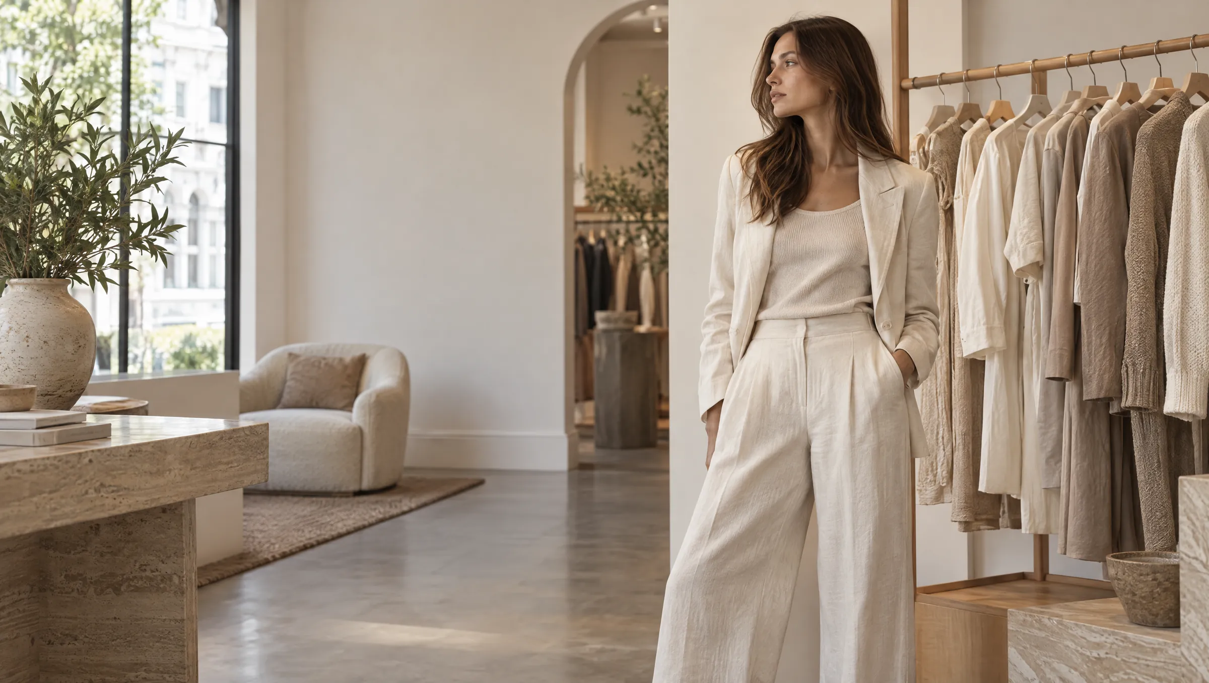 A model in an ivory linen jacket and wide trousers standing beside a rail of neutral clothing in the Linden Row store
