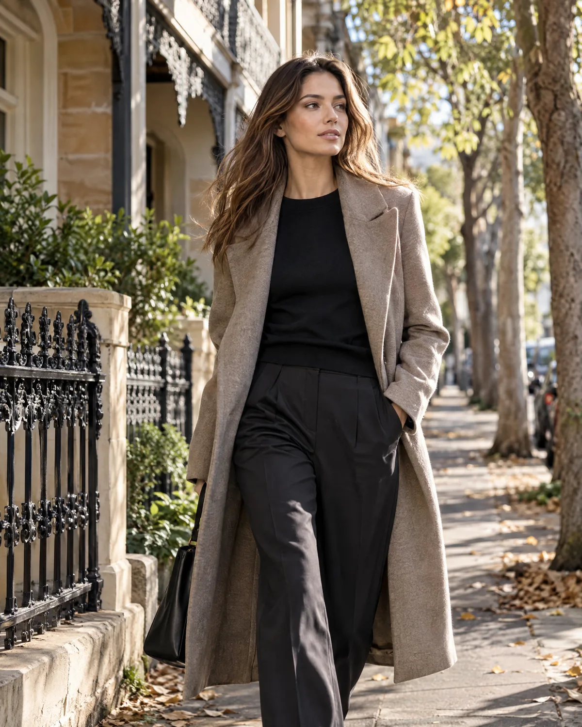 A model walking down a Paddington street in a taupe wool coat