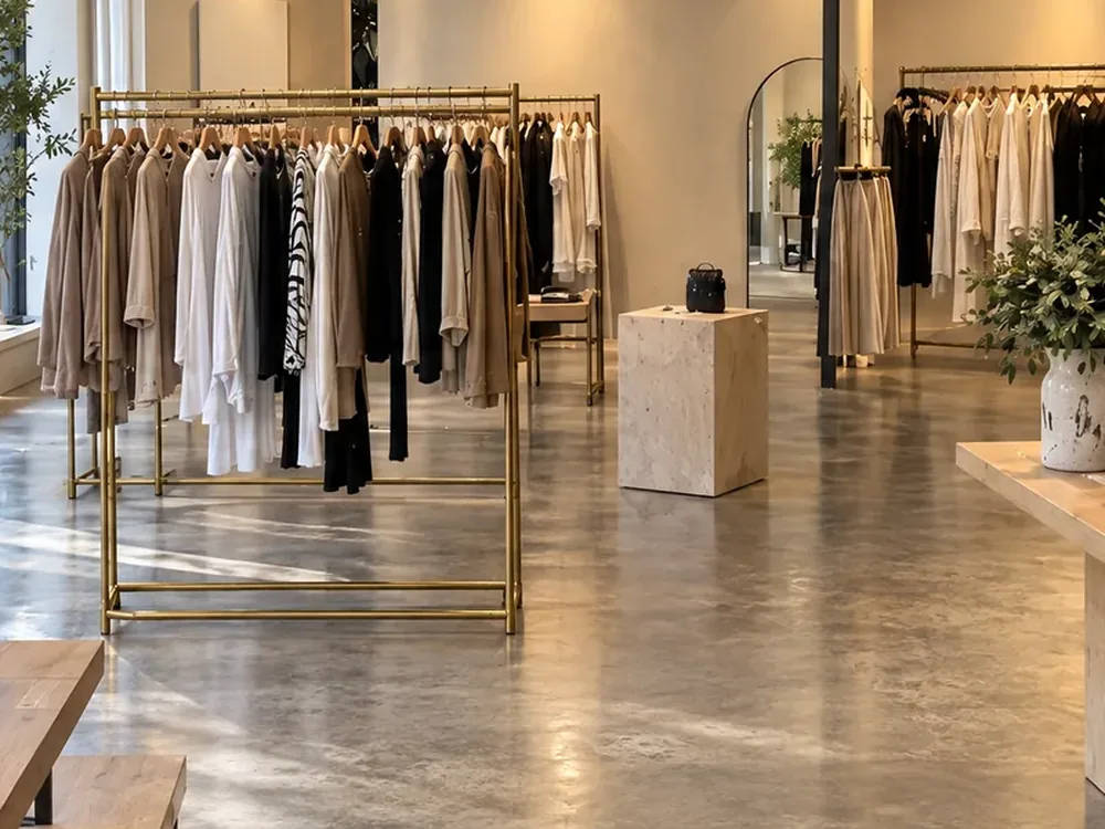 Linen shirts and dresses hung on a brass rail