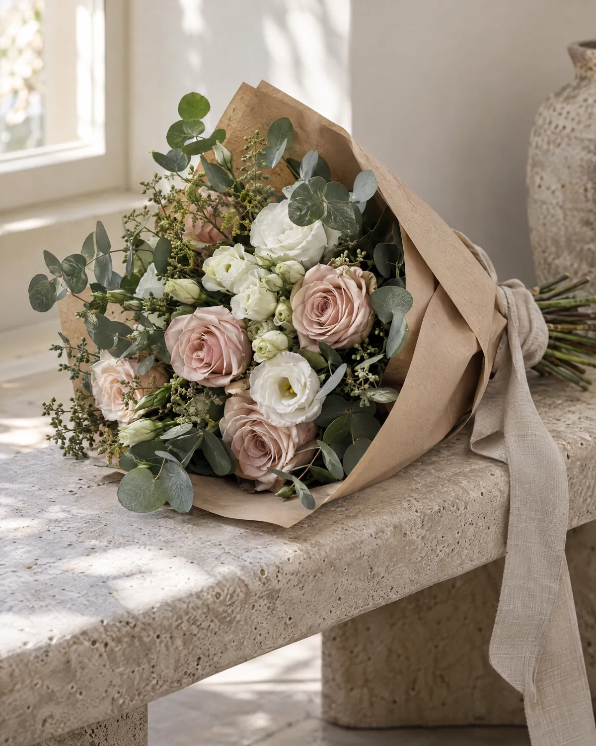 A hand-tied bouquet in kraft paper on a stone bench in window light