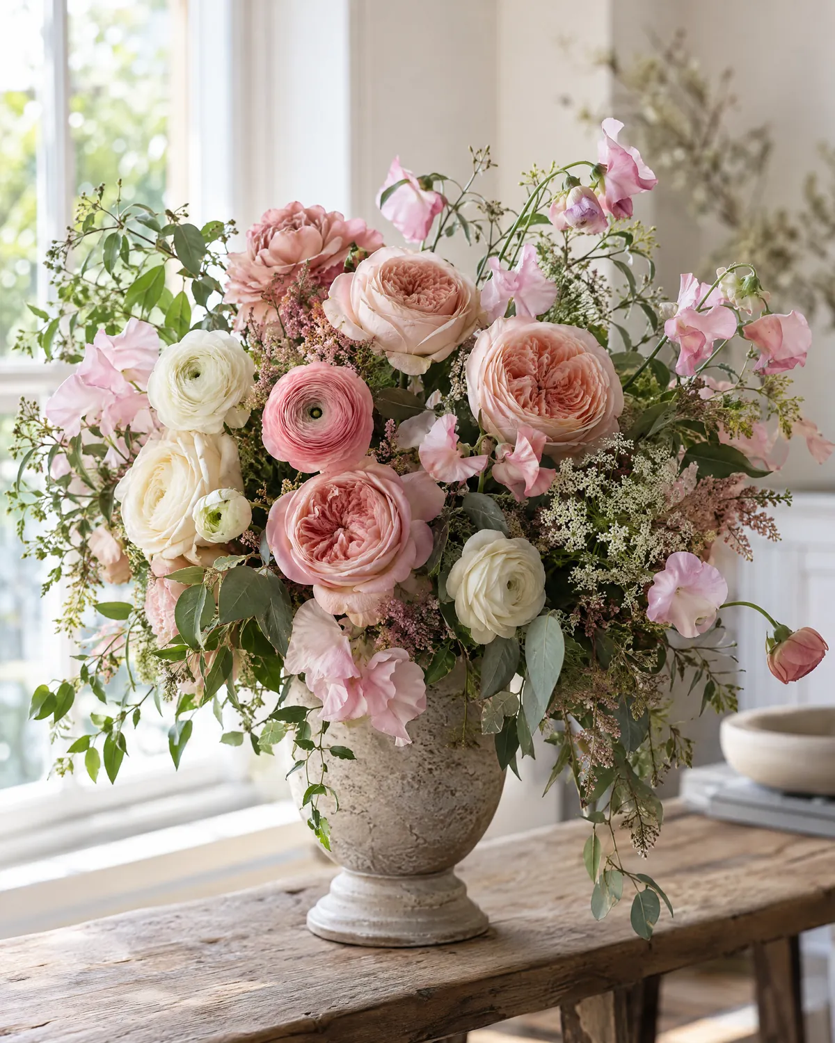 A loose arrangement of garden roses, ranunculus and sweet peas in a stone urn by a sunlit window