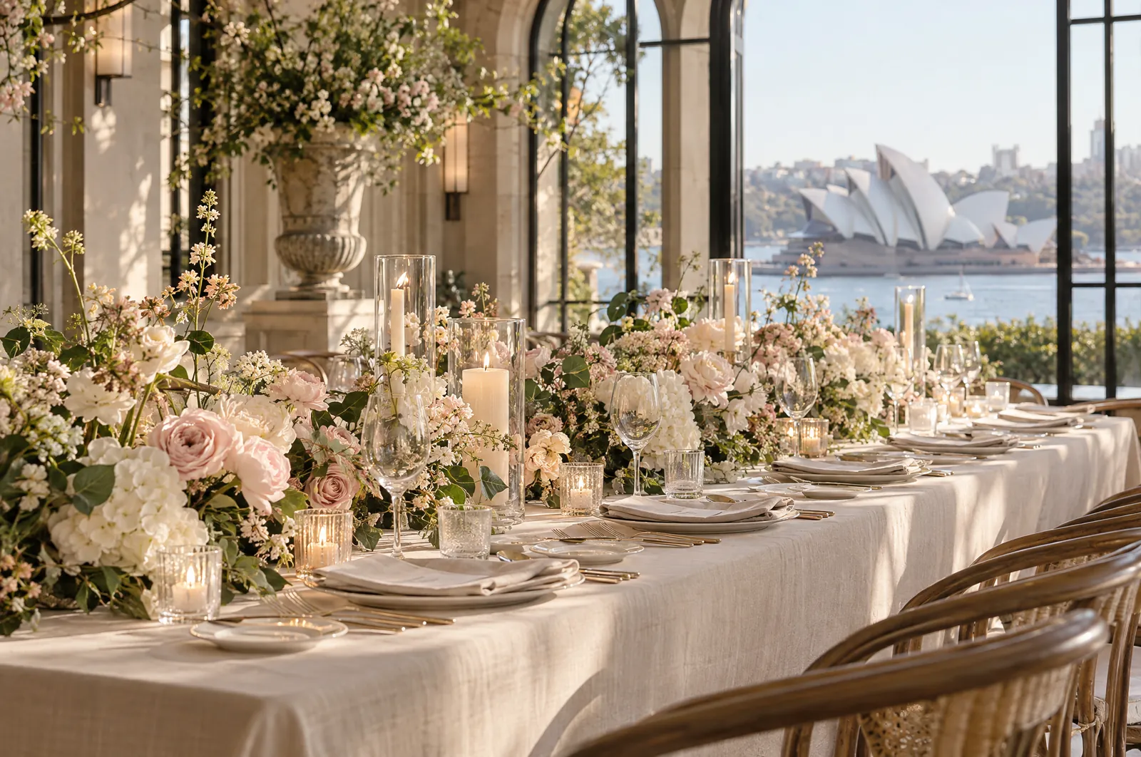 A long wedding table set with linen, candles and soft pink flowers