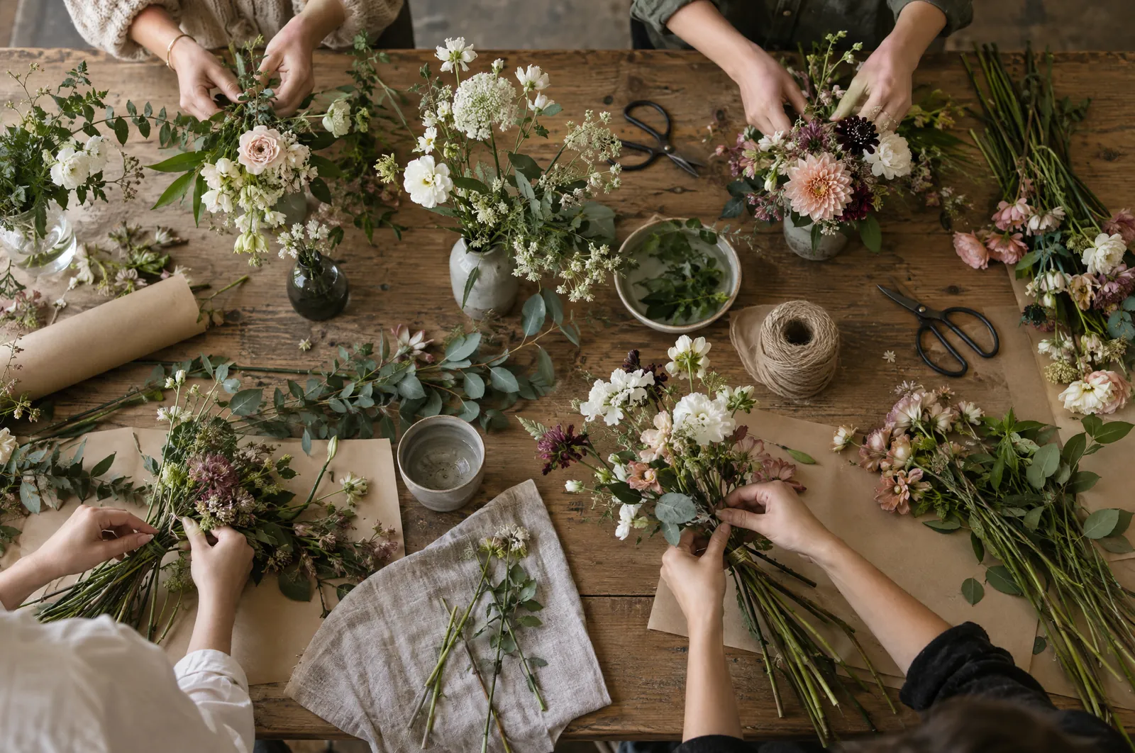 Hands arranging flowers and foliage on a timber workshop table