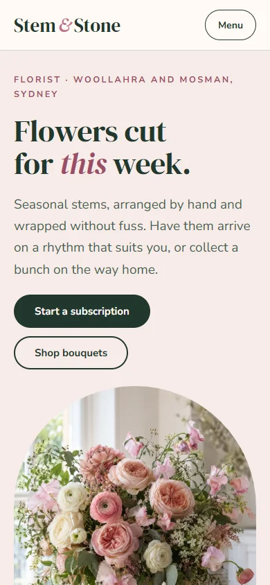 Stem & Stone Florist sample site on a phone
