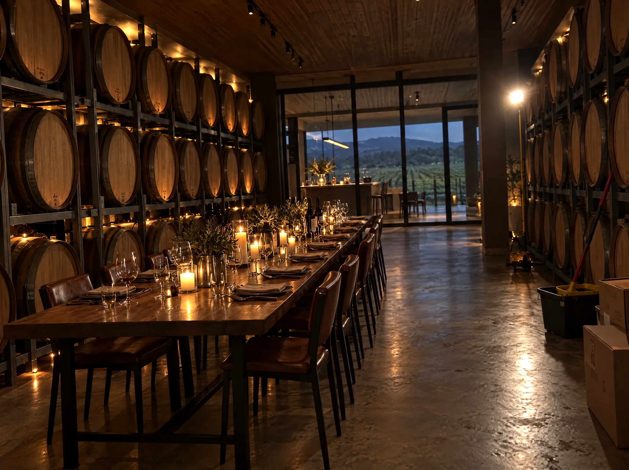 A long candlelit table set for dinner between racks of oak barrels