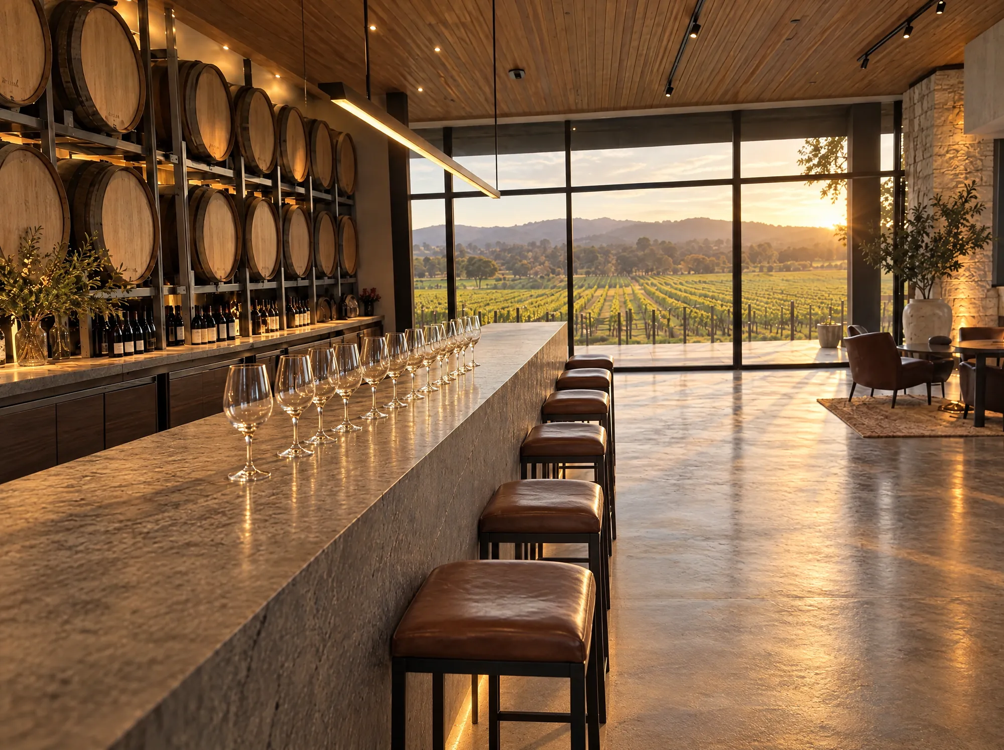 The stone tasting bar and barrel hall at sunset, with glass walls opening onto the vineyard and hills