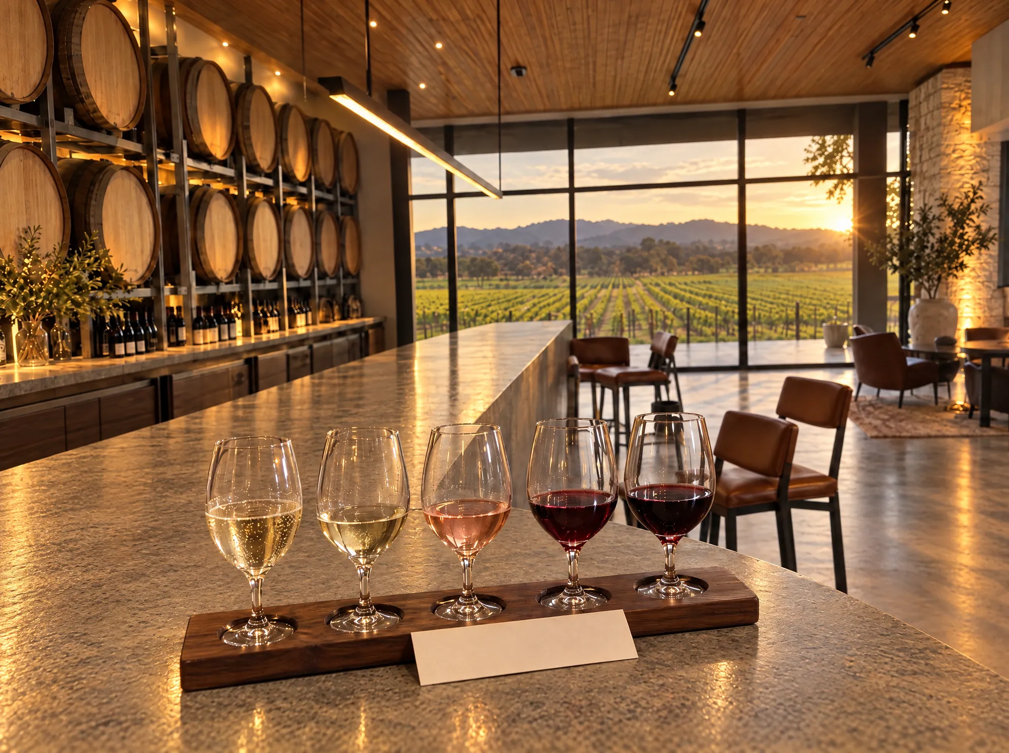 A flight of five wines, white to red, on a timber paddle at the stone bar, with the barrel hall and vineyard behind
