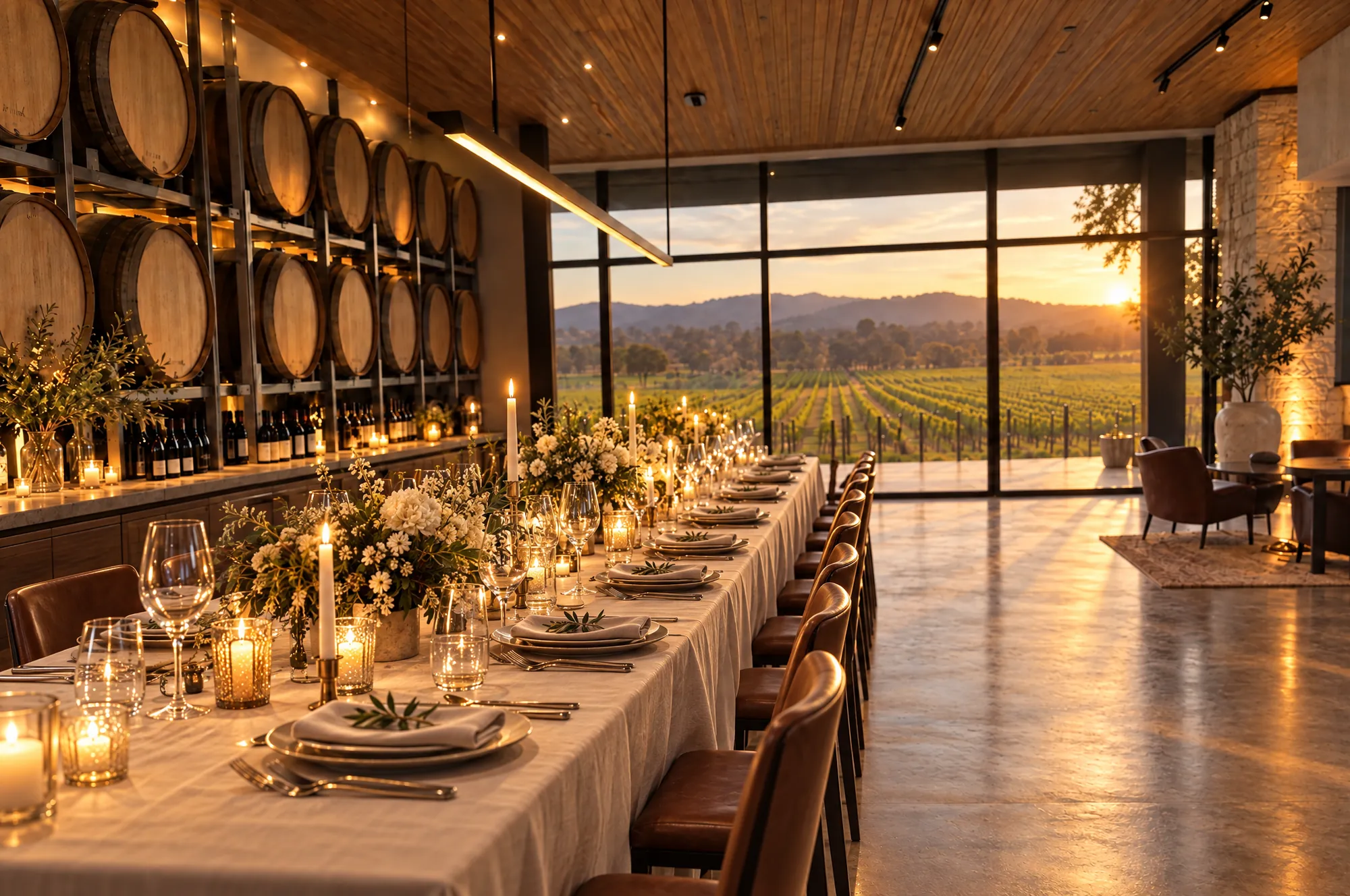 The barrel hall set with a long table of candles, flowers and glassware for a celebration