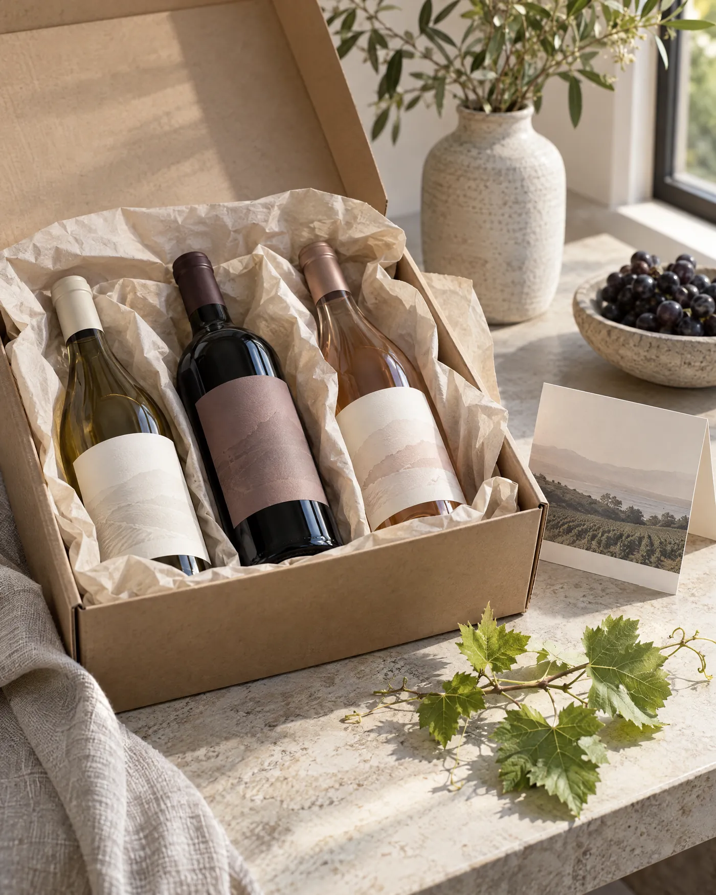 A club parcel opened on a stone bench: three bottles in tissue paper with a card, vine leaves and a bowl of grapes
