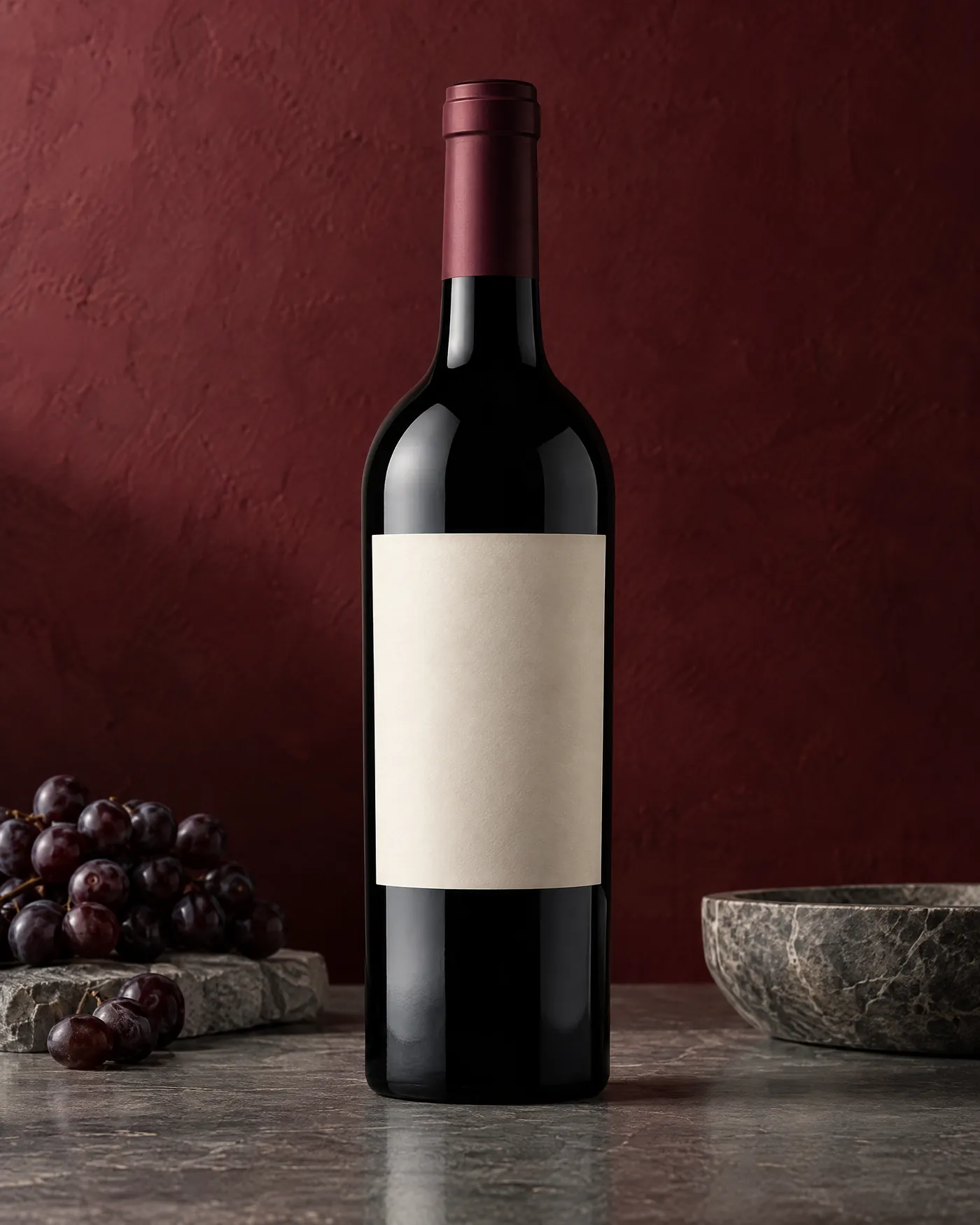 A single red wine bottle with a blank label against a deep wine wall, with grapes and a stone bowl