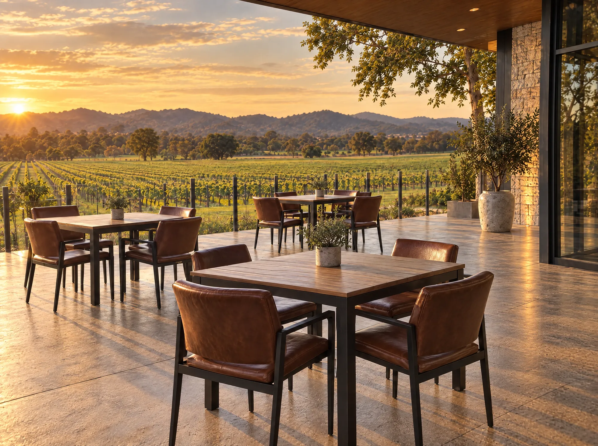 Timber tables and leather chairs on the terrace at golden hour, with the vineyard and hills beyond