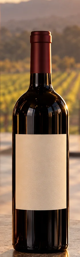 A bottle of the Pinot with a blank label, standing on the stone bar