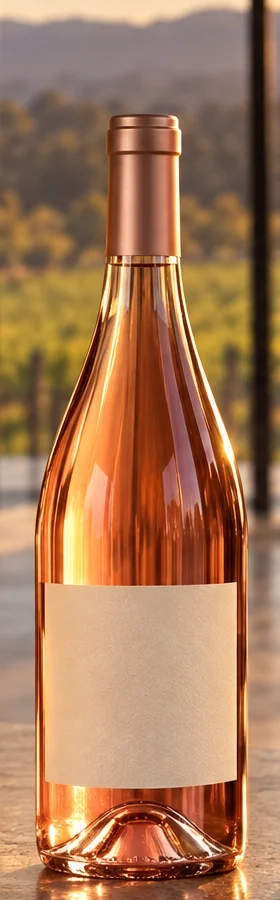 A bottle of the Rose with a blank label, standing on the stone bar